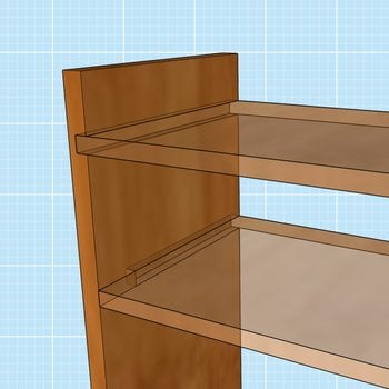 A wooden shelf unit with two horizontal surfaces is displayed against a light blue grid background. The shelves appear empty and ready for use.