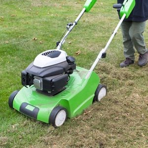 A green lawn mower is being pushed across grass, cutting it evenly while leaves are scattered on the ground.